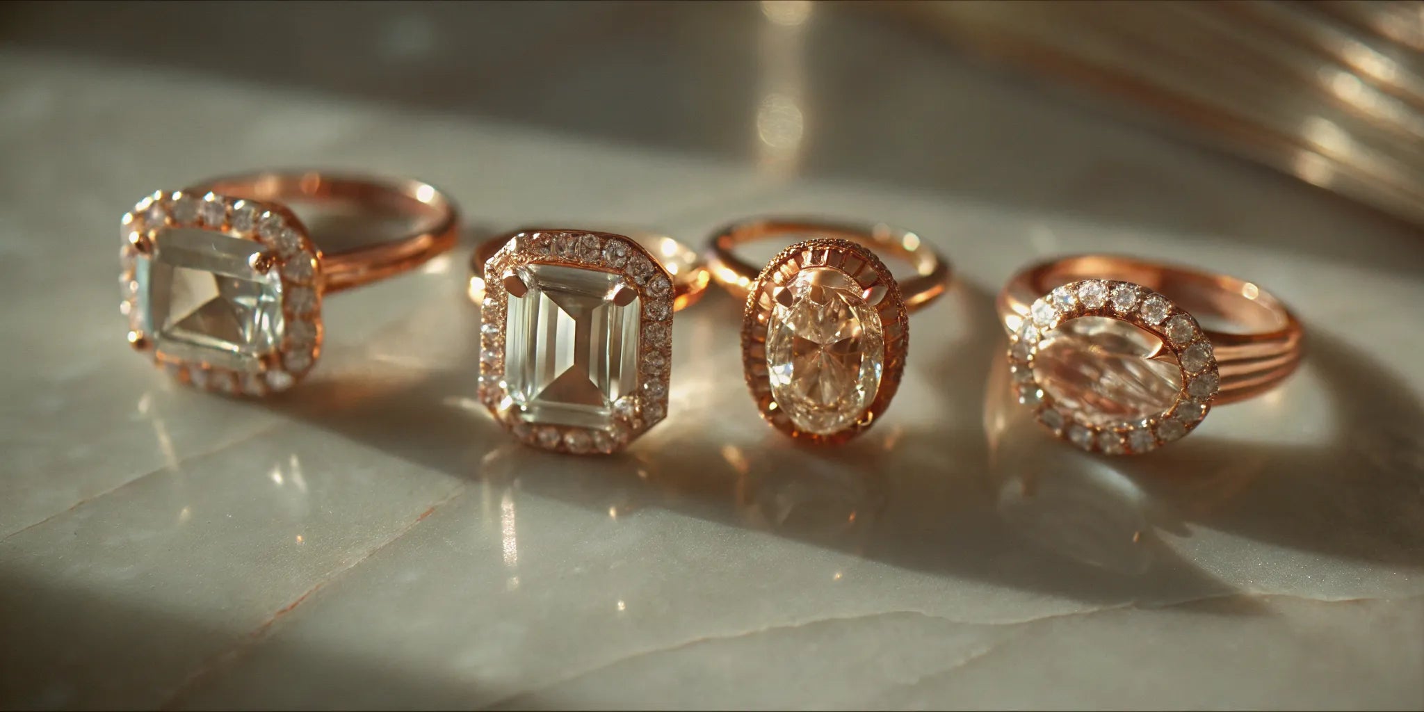 Large diamond cocktail rings with halo settings in rose gold.