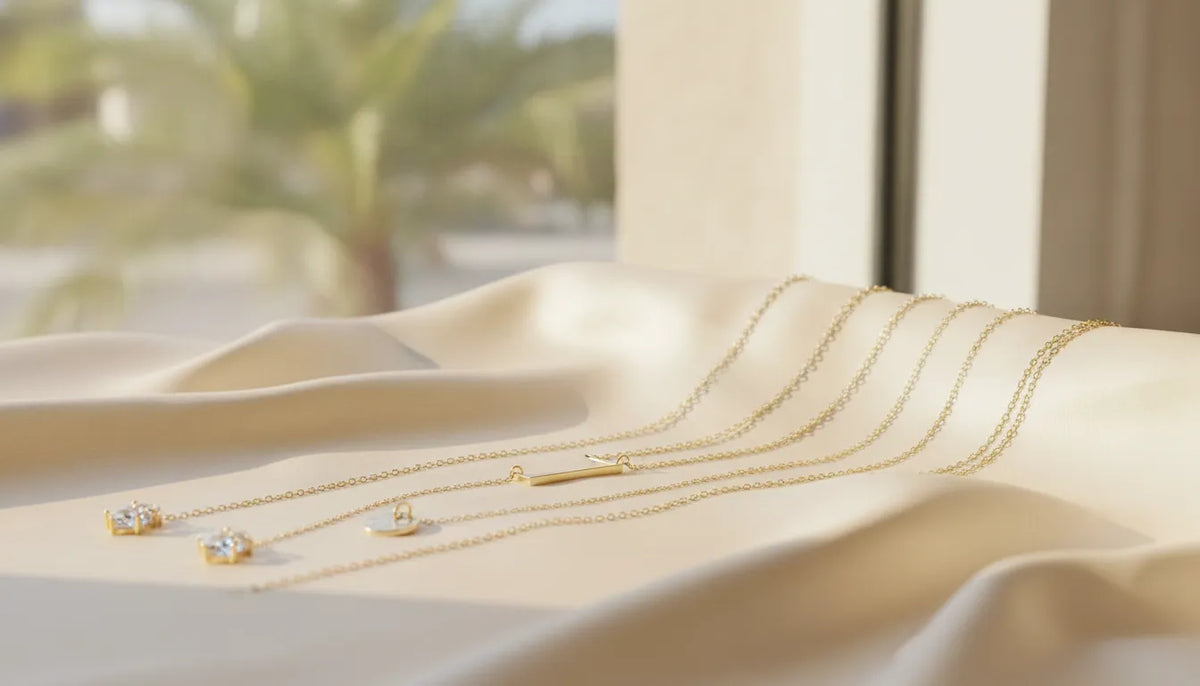 Layered gold necklaces arranged at different lengths on ivory silk