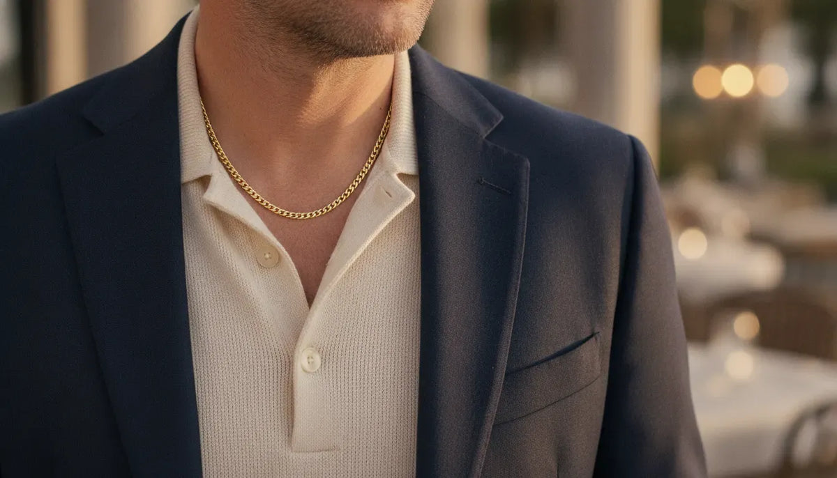 Man wearing a gold chain with an open collar and tailored jacket