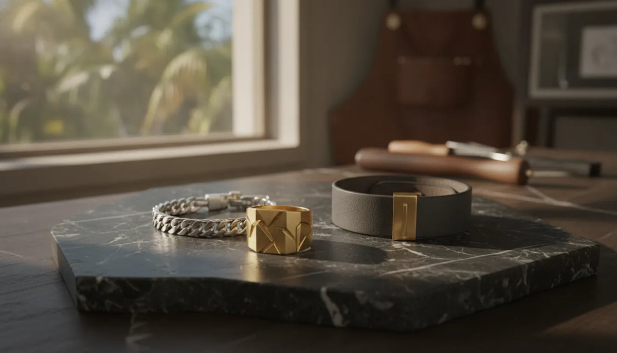 Men's fine jewelry arranged in a refined studio