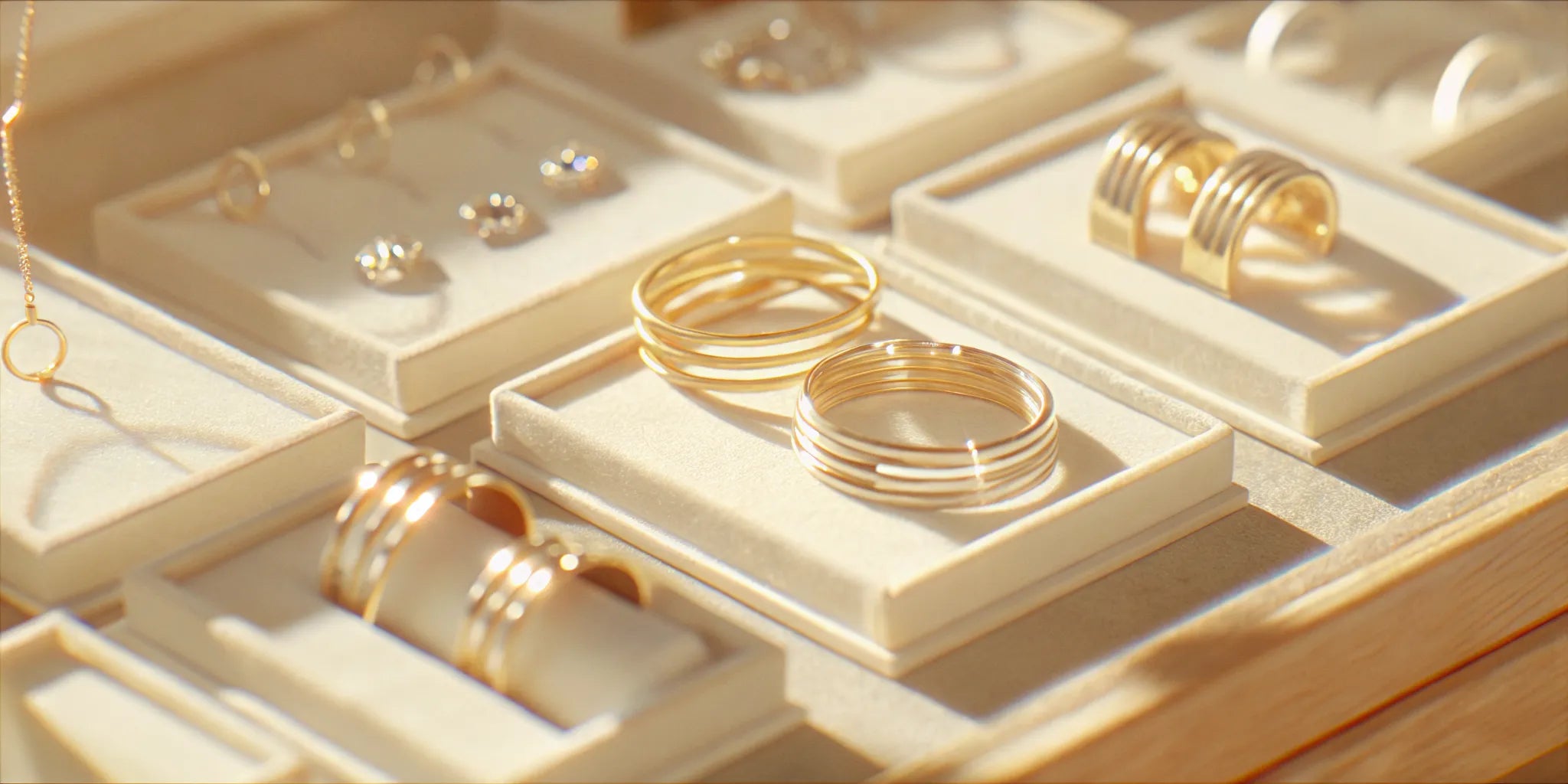 Modern fine gold rings and earrings on display in a West Palm Beach jewelry store.