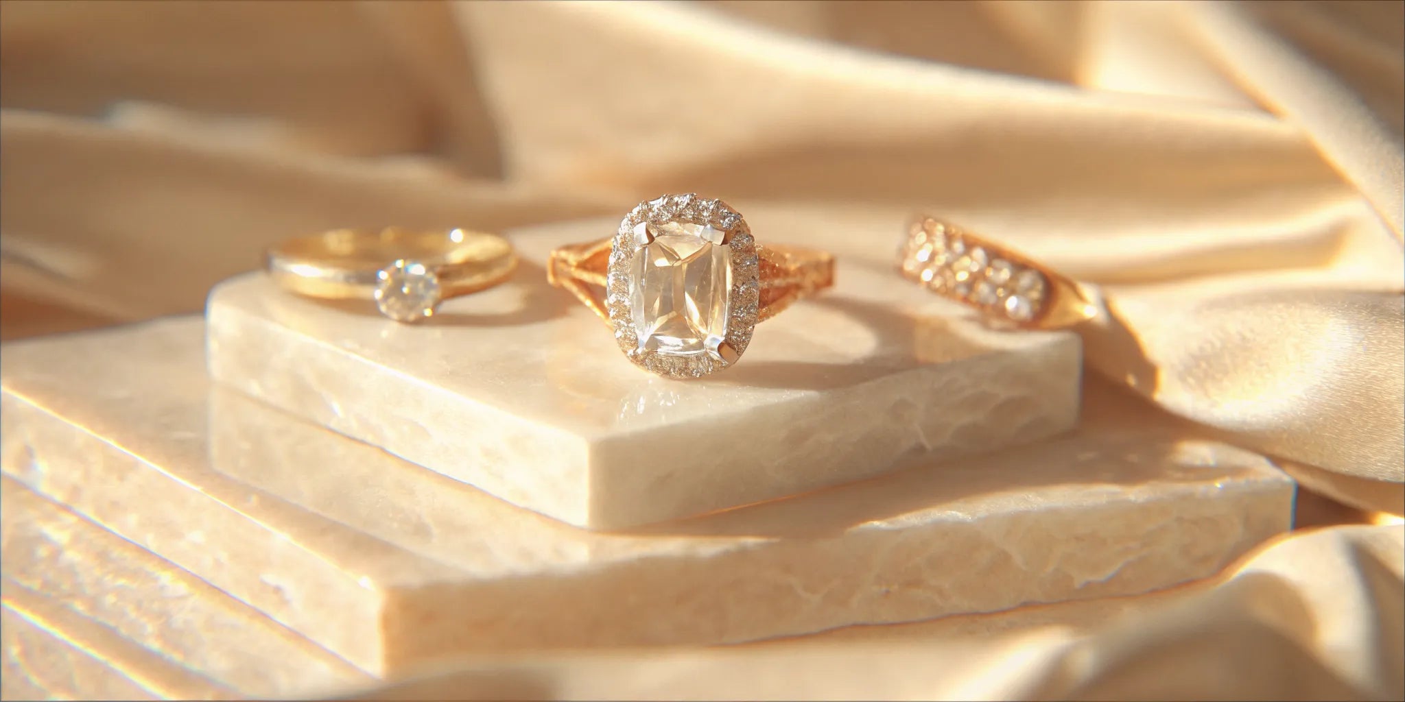 Modern heirloom engagement rings with unique gemstones and gold bands.