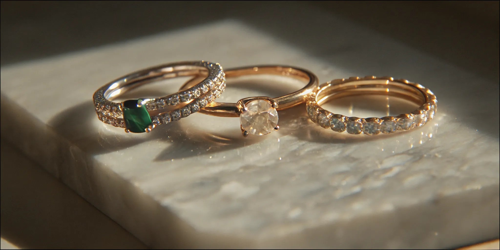 Modern wedding ring sets in gold with diamond and emerald accents on a marble surface.