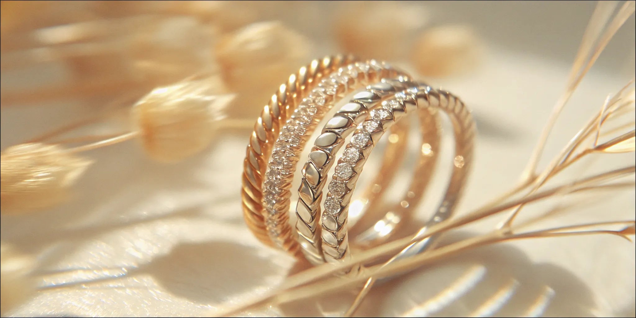Stack of modern gold wedding bands with mixed textures on a hand, soft natural lighting