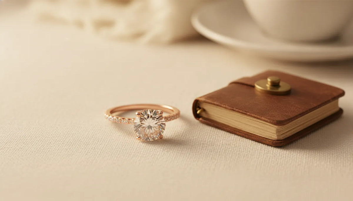 Fine jewelry promise ring beside a personal keepsake in warm studio light