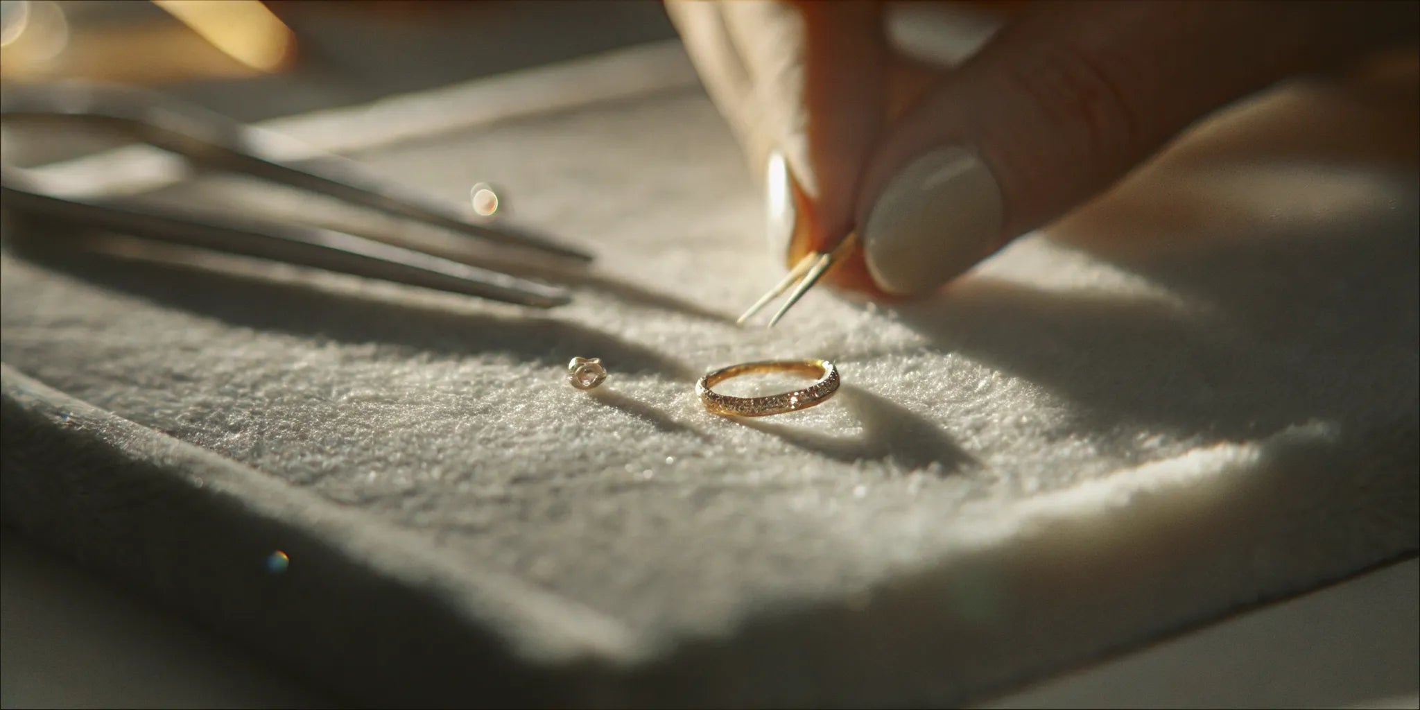 A skilled jeweler repairing a delicate gold ring on a felt workbench, with tiny tools and a bright task lamp illuminating the fine craftsmanship