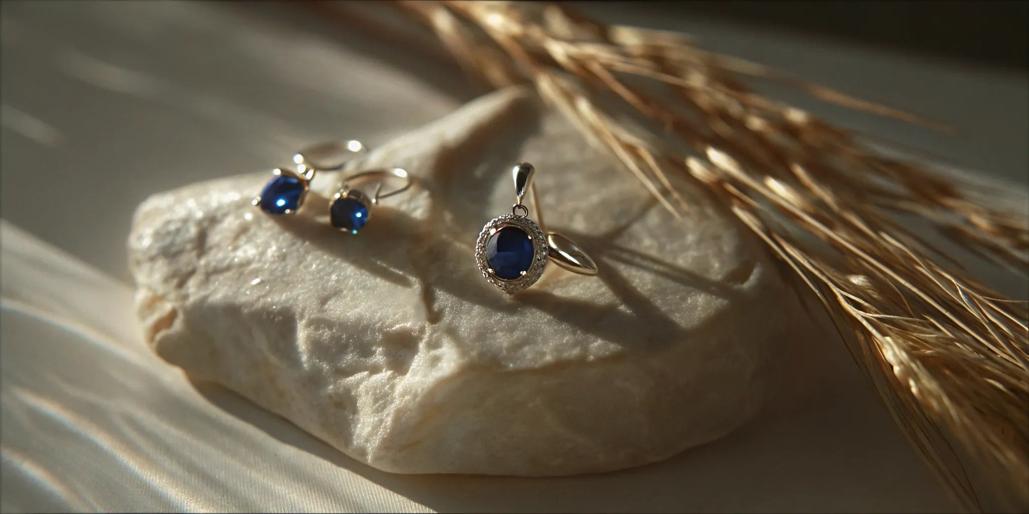 Deep blue sapphire ring and earrings in a refined setting