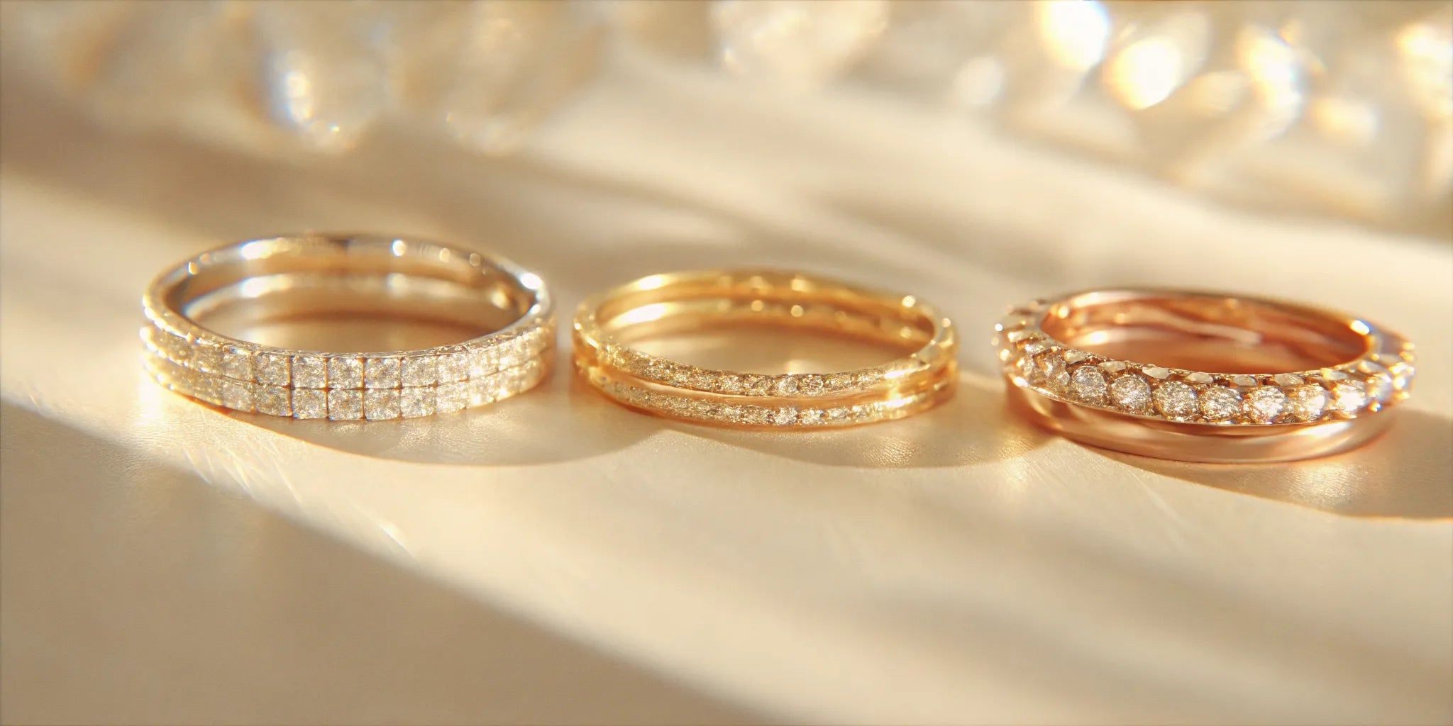 Simple single diamond wedding rings in yellow, white, and rose gold.