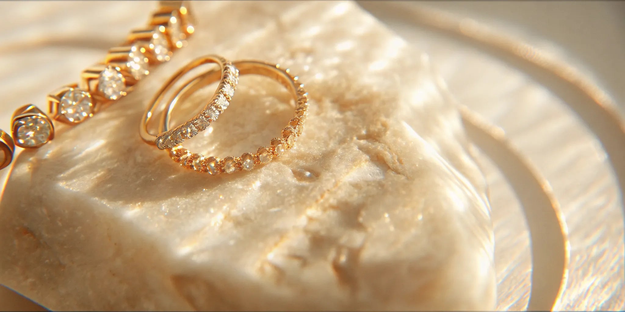 Fine gold jewelry and an heirloom ring arranged on natural stone