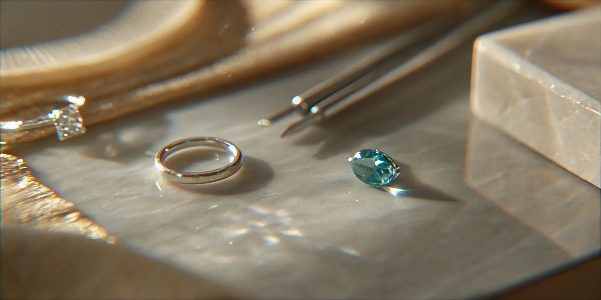 The hands-on custom jewelry process with a gemstone, crafting tools, and a finished ring.