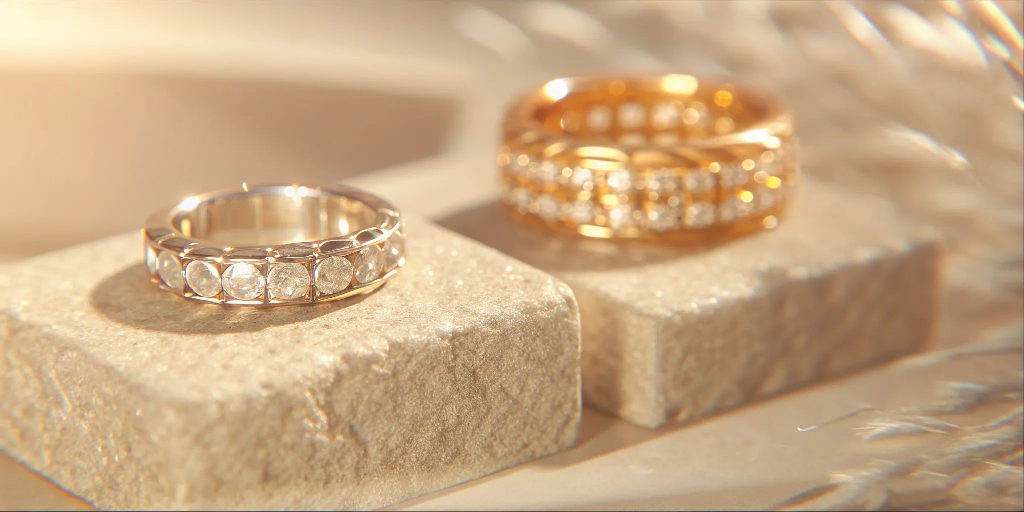 Various styles of mens diamond rings in white and yellow gold.