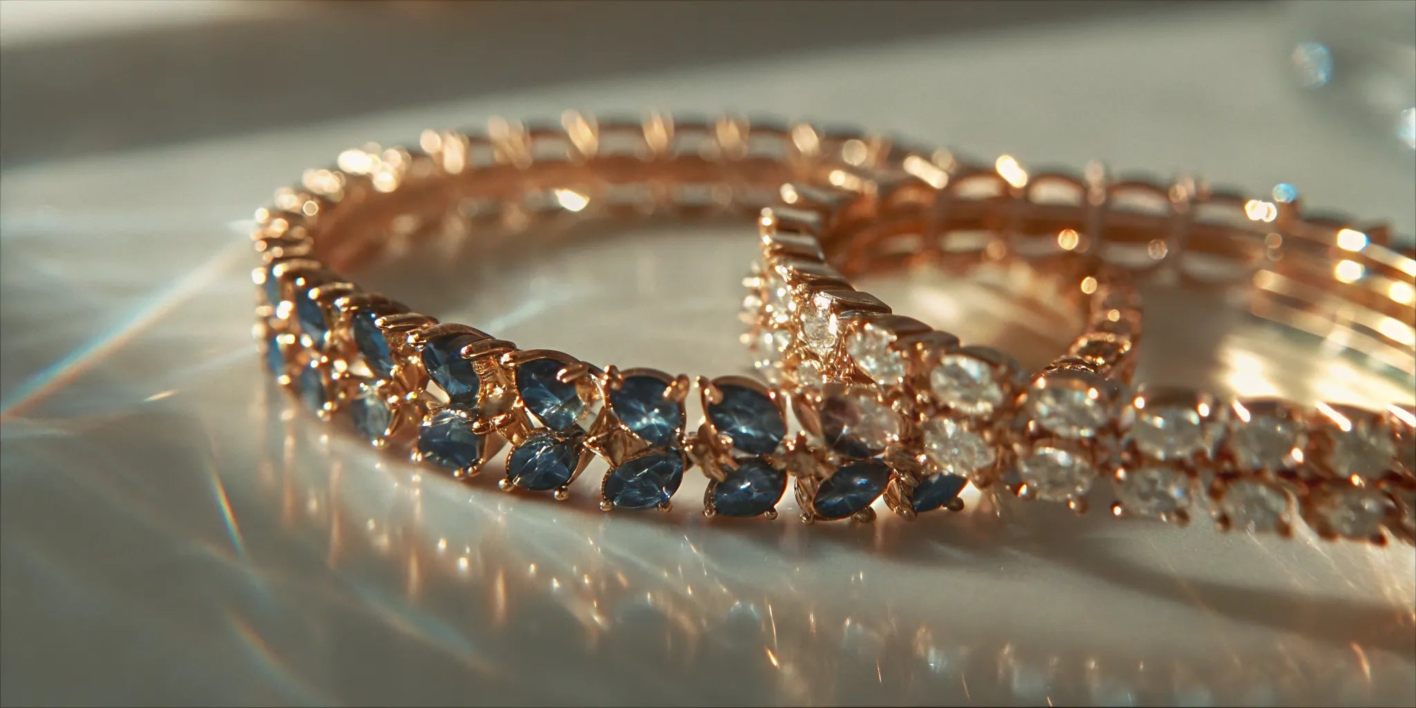 Gold sapphire bracelet with blue sapphires and diamond accents.
