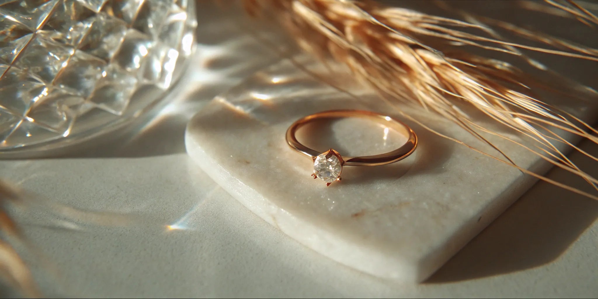 A sustainable handcrafted diamond ring with a gold band on a marble slab.