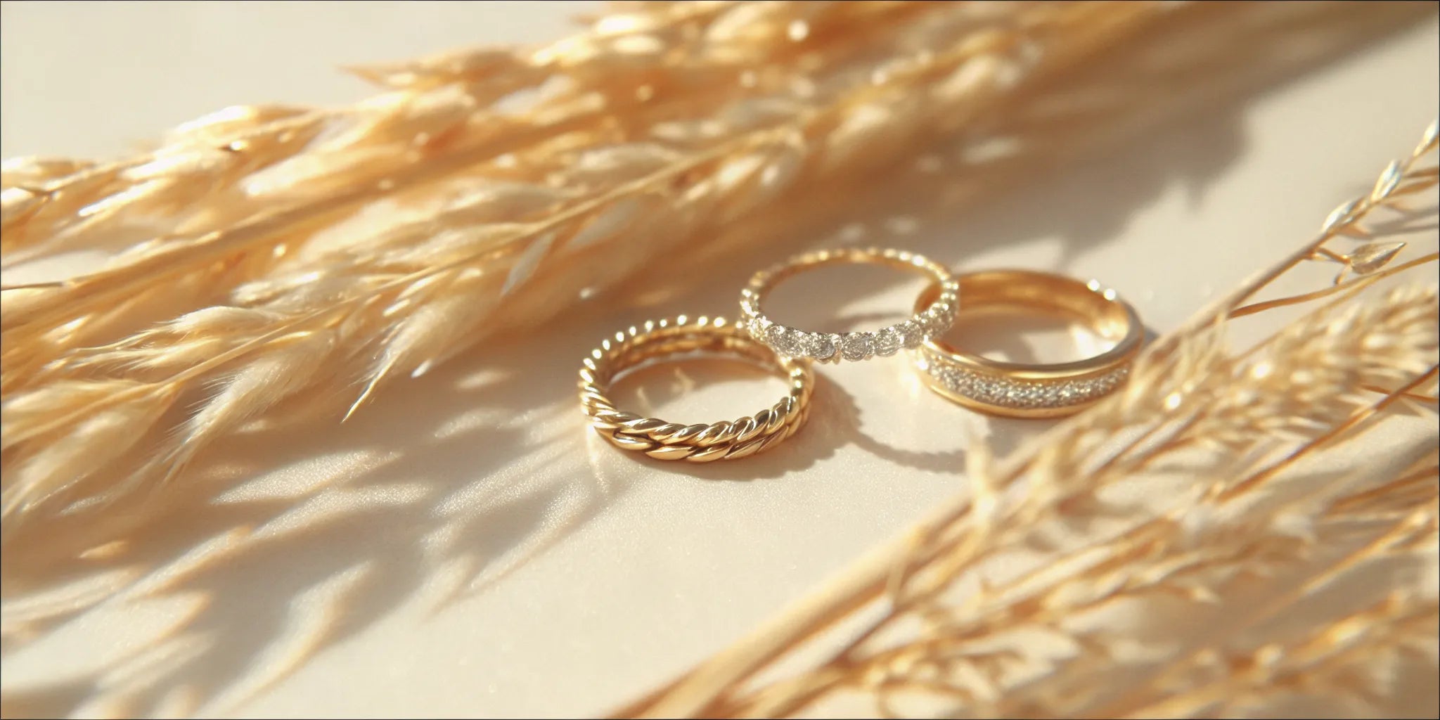 A collection of modern gold wedding bands for her with unique textures and diamond accents.