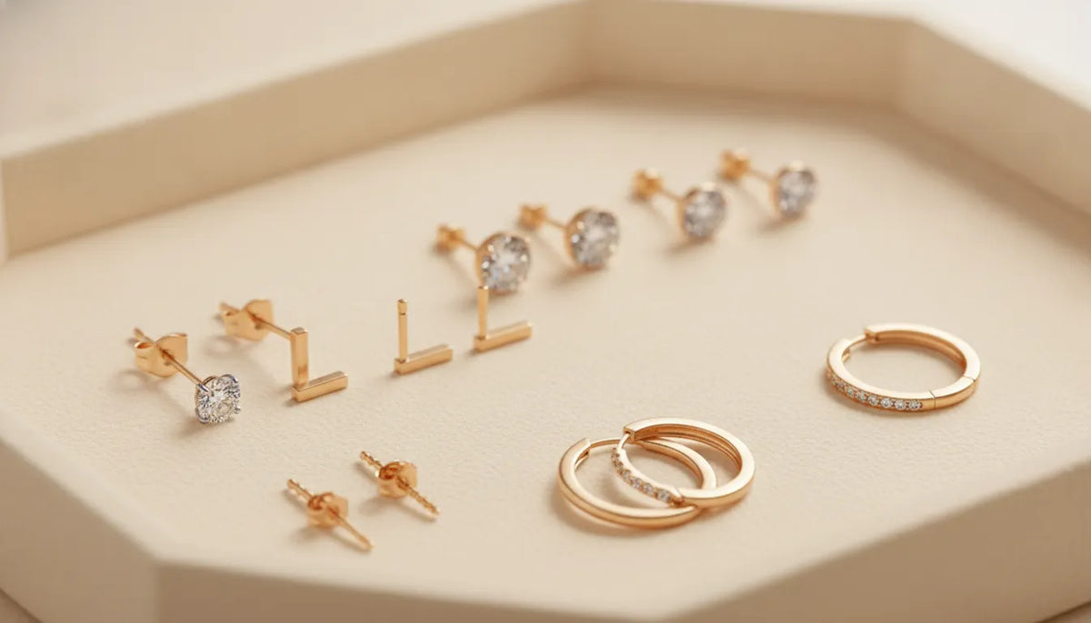 Fine earrings and different types of earring backs arranged on an ivory jewelry tray