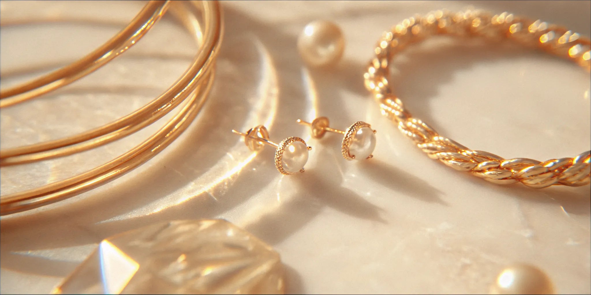 A fine jewelry collection including a diamond solitaire ring, pearl drop earrings, and a gold bangle on marble