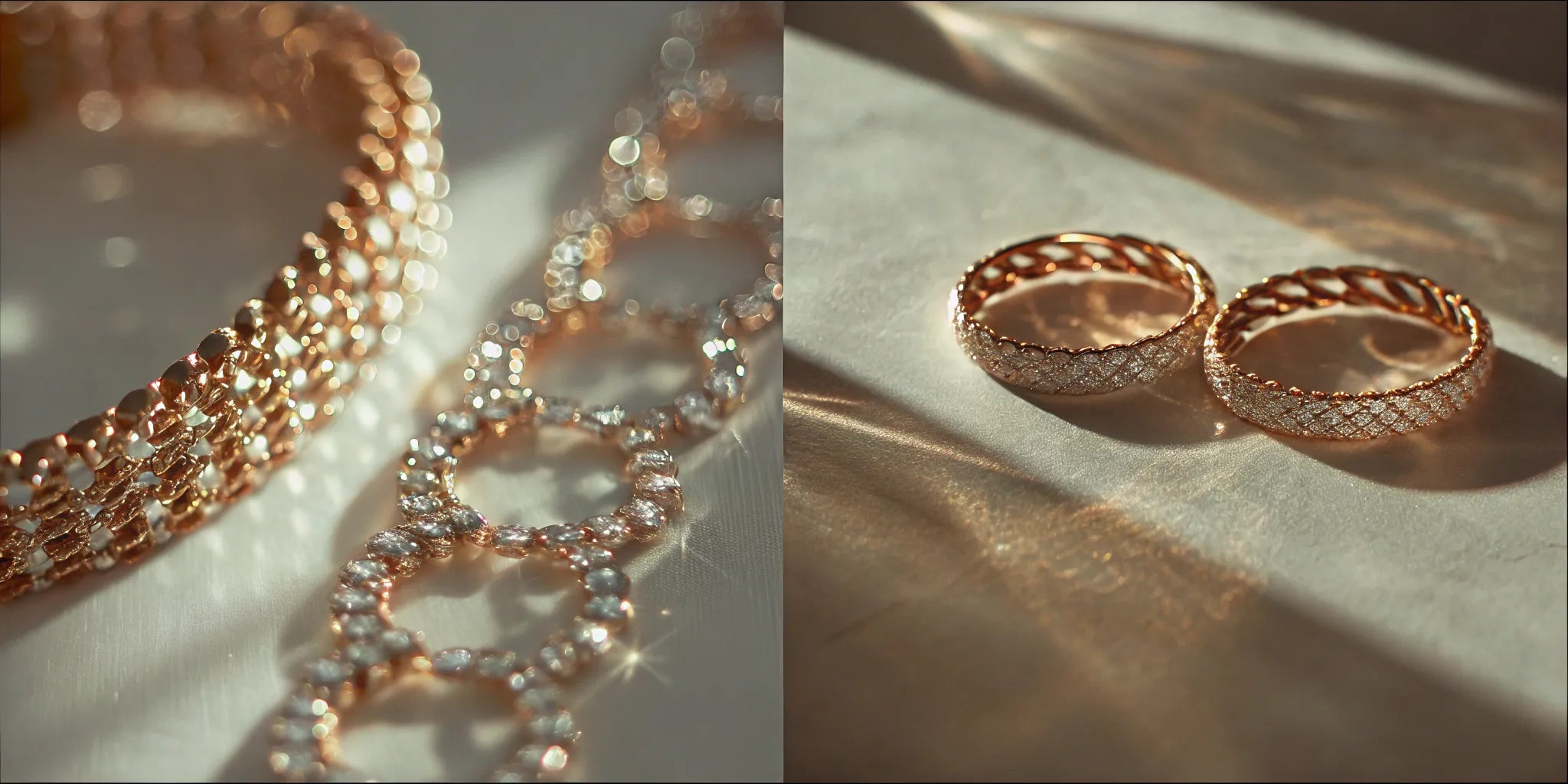 White gold and yellow gold rings and bracelets displayed side by side on a neutral background