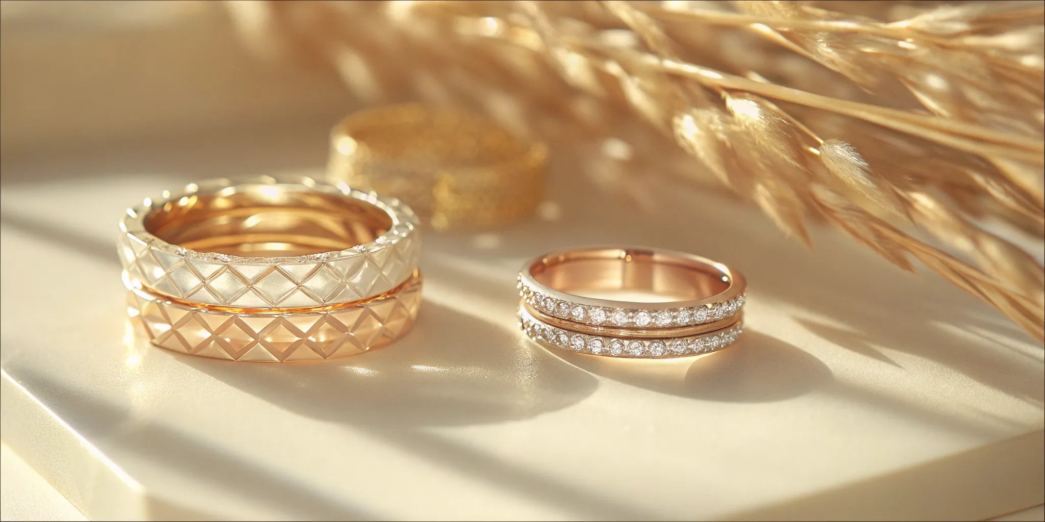 Custom made gold and diamond wedding bands shown as an elegant stack.