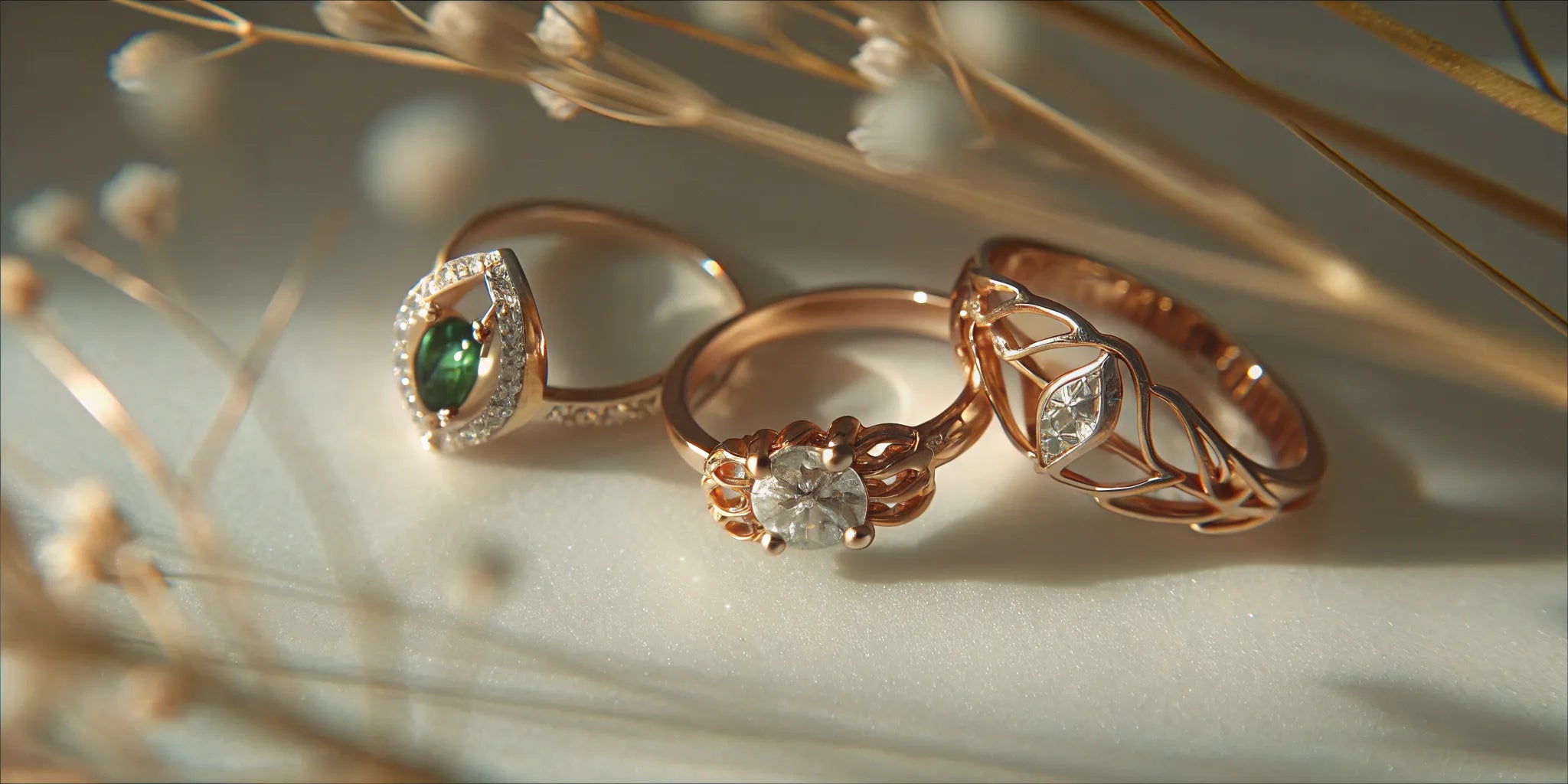 Rose gold nature inspired engagement rings with floral and leaf details, diamonds, and green gemstones.