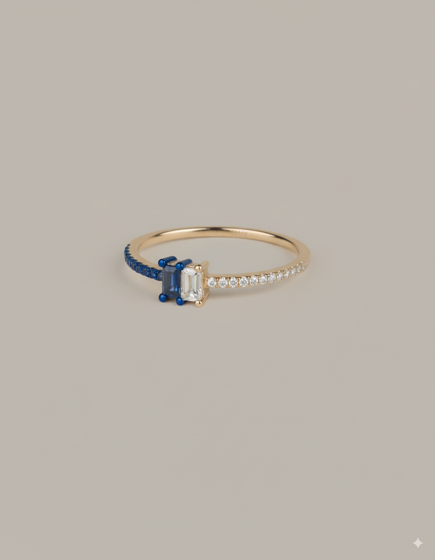 50/50 Diamond & Blue Sapphire Double Emerald Shape Ring